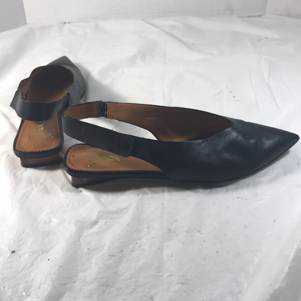 Sarto Women’s Elegant Black Leather Pointy Toe Triangular Heel Slingback Flats - Picture 5 of 8